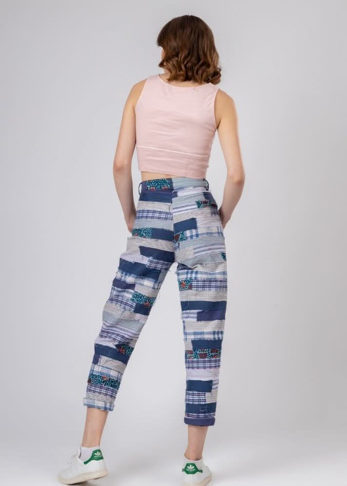 A Model Wearing Blue Upcycled Cotton June Patchwork Pants, curated by Only Ethikal