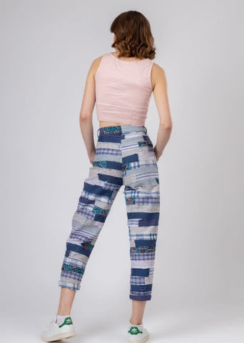 A Model Wearing Blue Upcycled Cotton June Patchwork Pants, curated by Only Ethikal