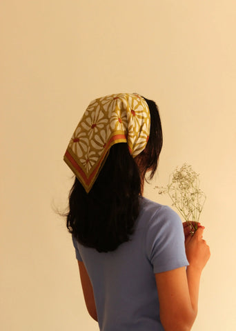 Geometric Flowers Green And White Cotton Square Scarf