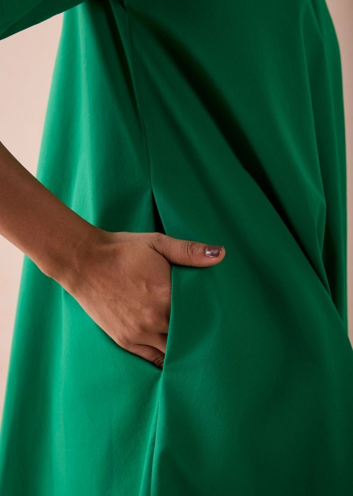 A Model Wearing Green Poplin Bright Blessings Mandarin Collar Organic Cotton Dress, curated by Only Ethikal