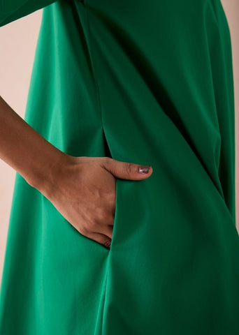 A Model Wearing Green Poplin Bright Blessings Mandarin Collar Organic Cotton Dress, curated by Only Ethikal