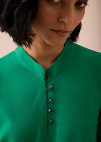 A Model Wearing Green Poplin Bright Blessings Mandarin Collar Organic Cotton Dress, curated by Only Ethikal