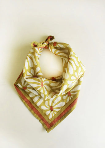 Geometric Flowers Green And White Cotton Square Scarf