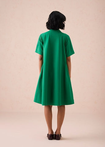 A Model Wearing Green Poplin Bright Blessings Mandarin Collar Organic Cotton Dress, curated by Only Ethikal