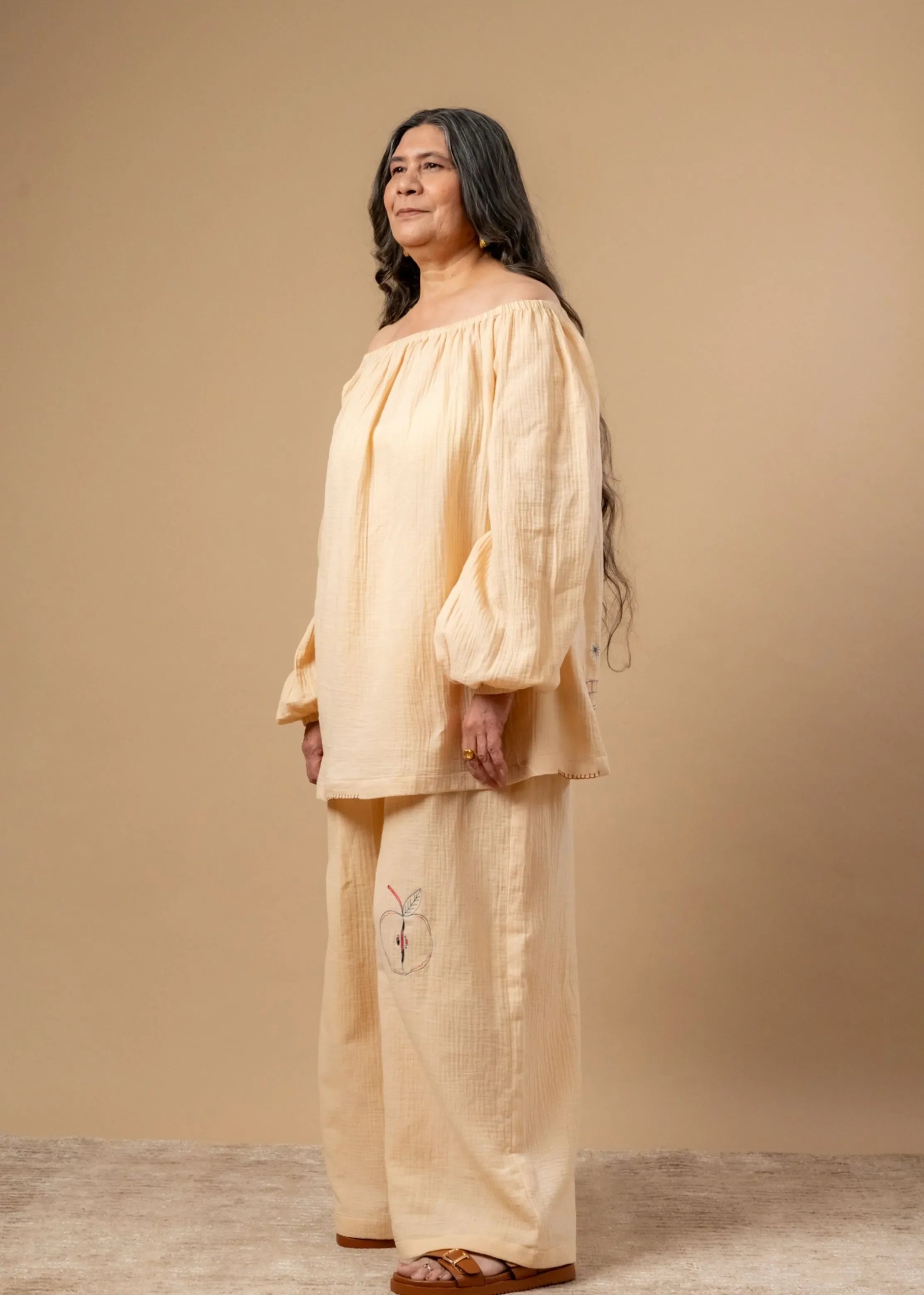 A Model Wearing Beige Organic Cotton Firefly Flicker Set, curated by Only Ethikal