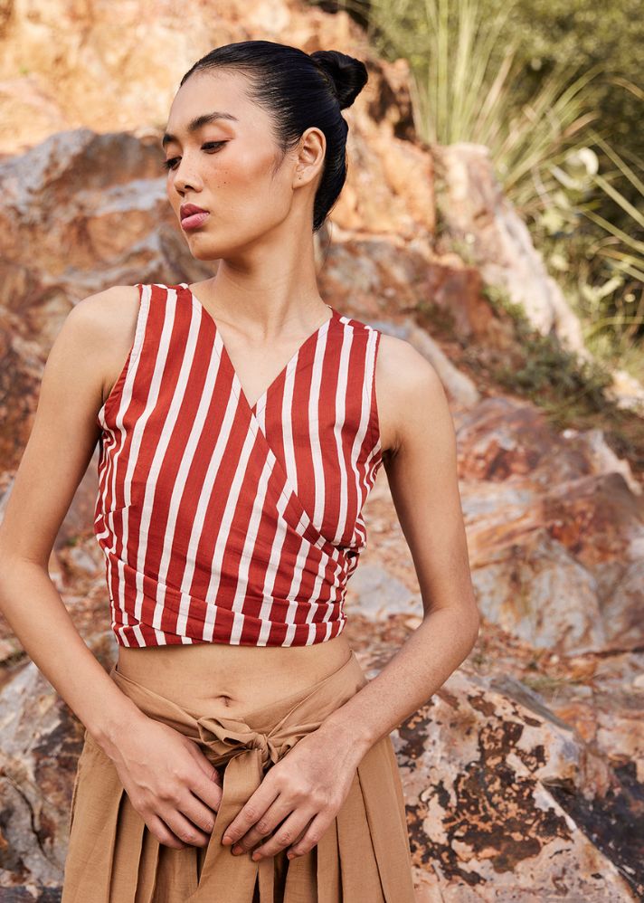 A Model Wearing Red Pure Cotton Threads Of Hope Wrap Top curated by Only Ethikal