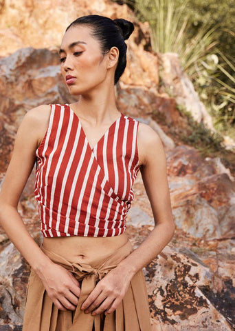A Model Wearing Red Pure Cotton Threads Of Hope Wrap Top curated by Only Ethikal
