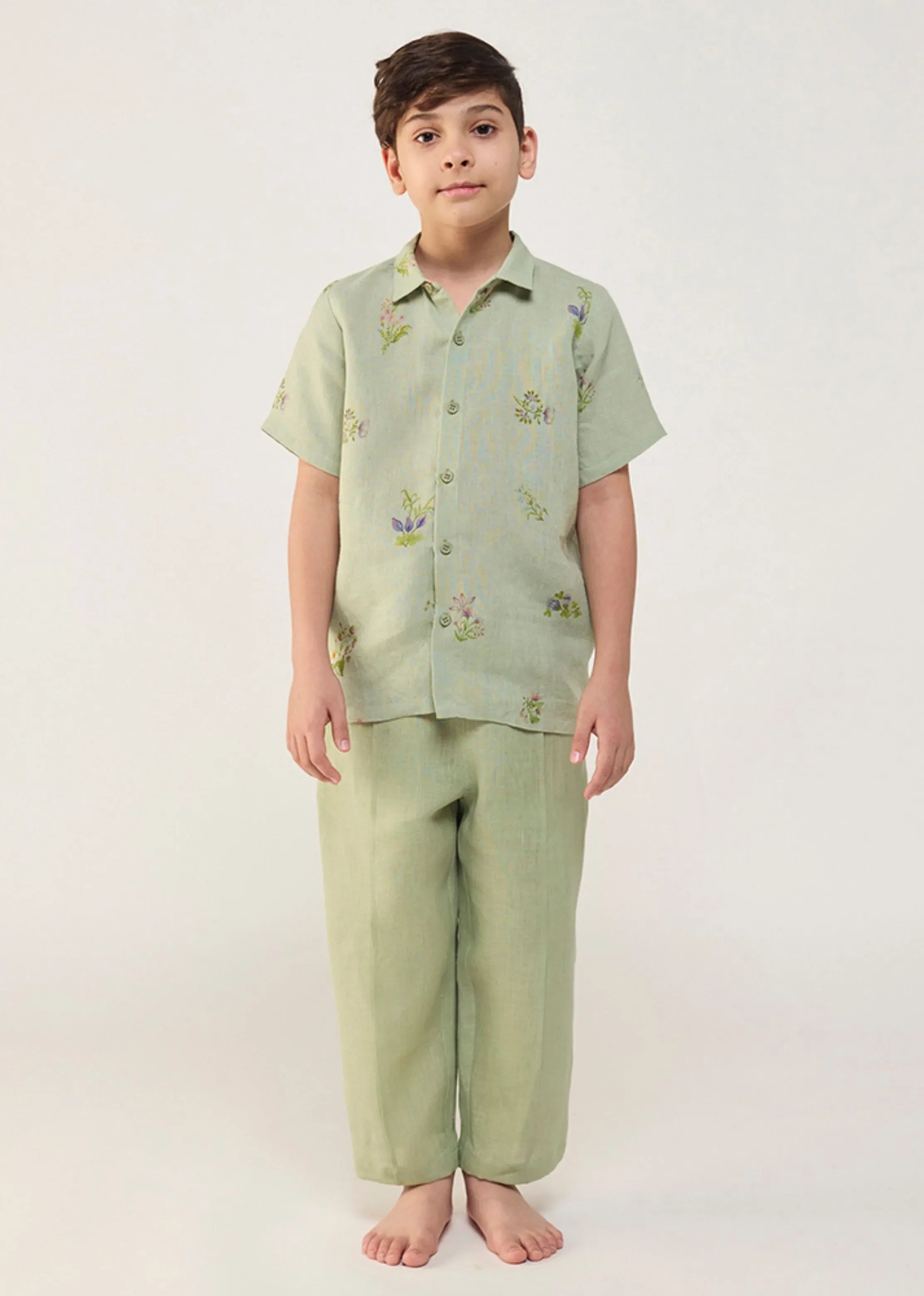 A Model Wearing Mint Linen Kids Kabo Floral Linen Shirt- Mint, curated by Only Ethikal