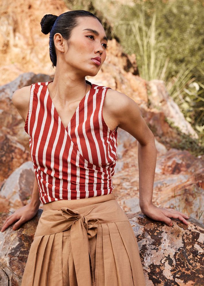 A Model Wearing Red Pure Cotton Threads Of Hope Wrap Top curated by Only Ethikal
