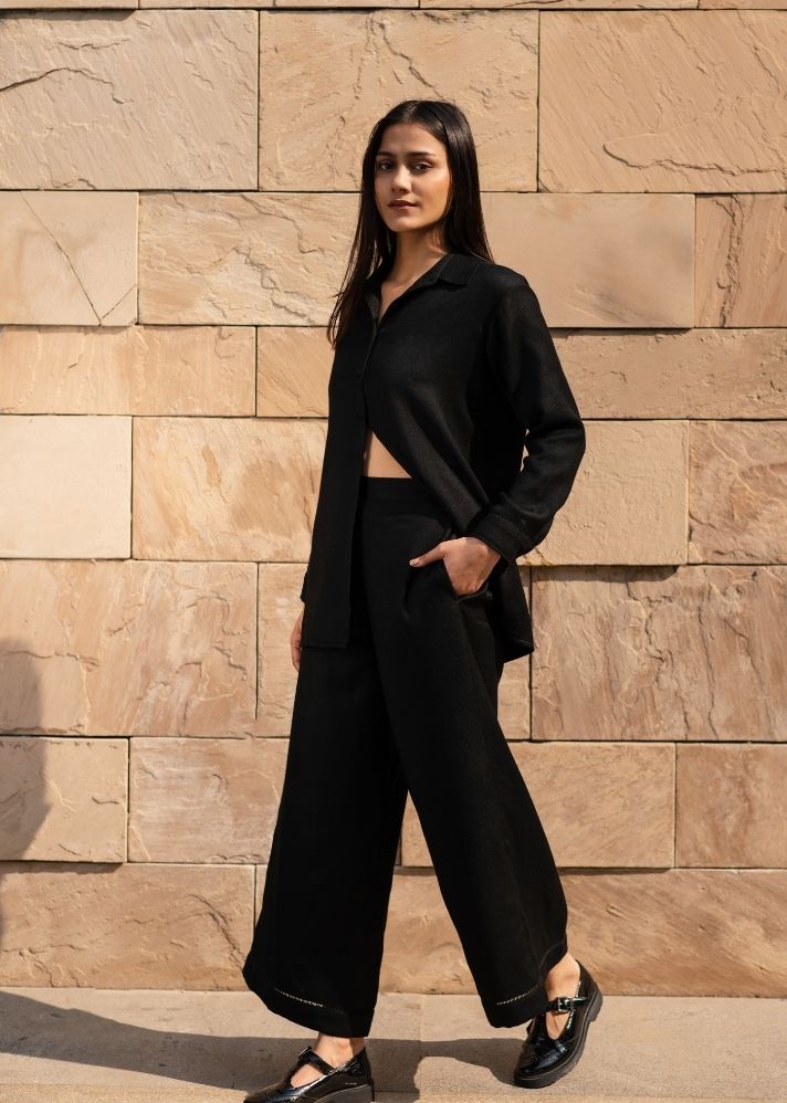 A Model Wearing Black Wool Black Mahoniacoord Set , curated by Only Ethikal