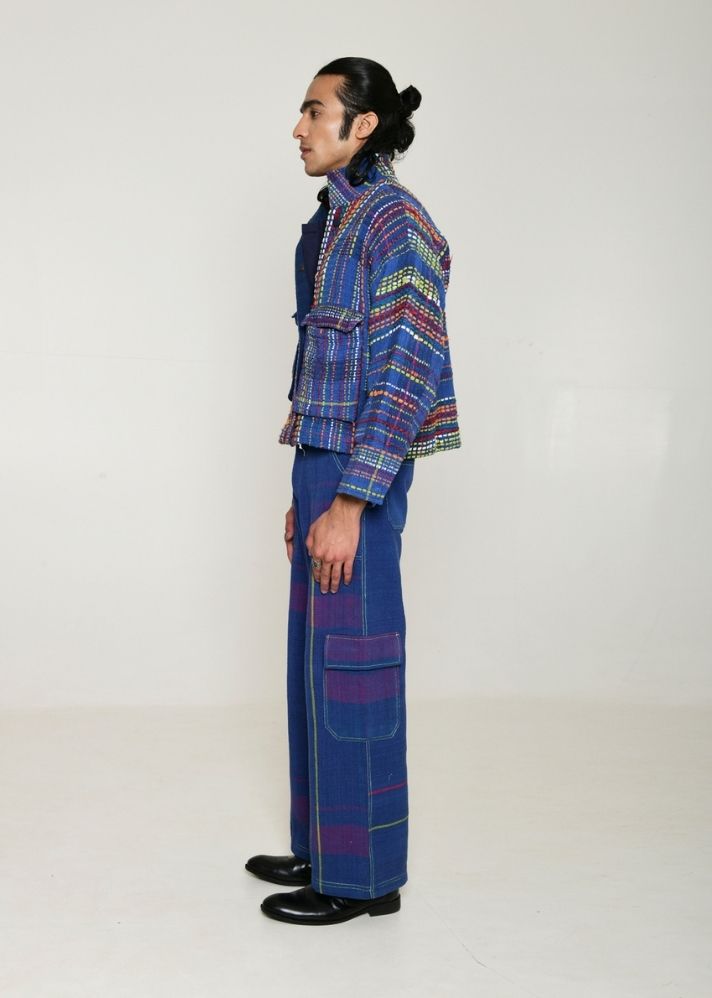 A Model Wearing Multicolor Handwoven Cotton Recycle Indigo Fujita Jacket, curated by Only Ethikal