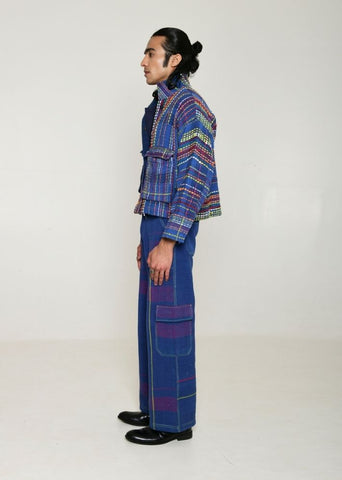 A Model Wearing Multicolor Handwoven Cotton Recycle Indigo Fujita Jacket, curated by Only Ethikal