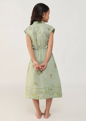 Kids Mema Shawl Printed Collar Linen Dress- Mint