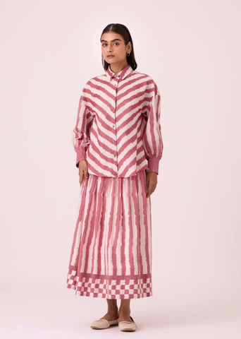 A Model Wearing Multicolor Handwoven Cotton Henry Rhubarb Striped Ikat Shirt, curated by Only Ethikal