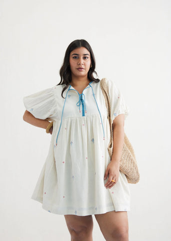 A Model Wearing Off White Handwoven Cotton Swim Free Kala Cotton Off-White Dress, curated by Only Ethikal