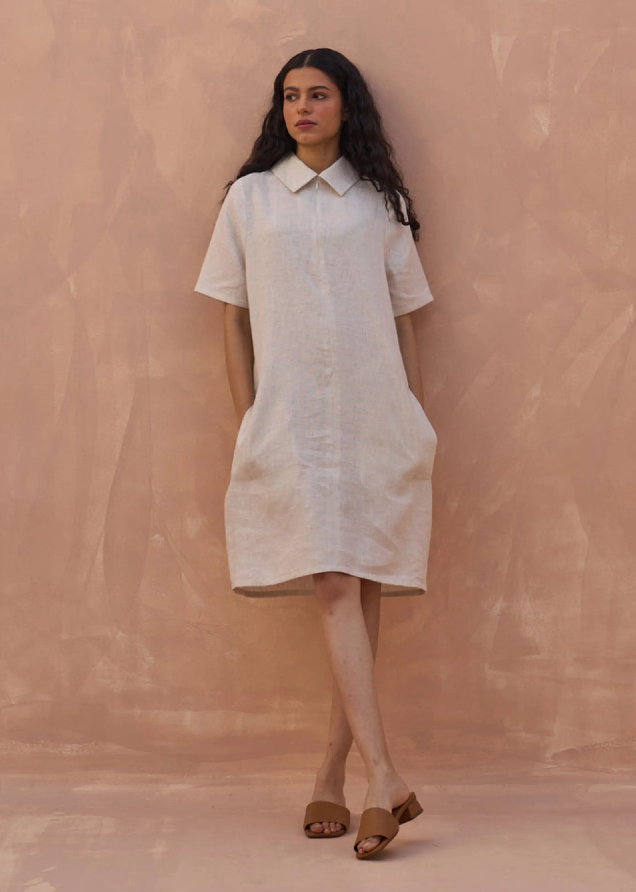 A Model Wearing Off White Linen Runa Linen Shift Dress- Off White, curated by Only Ethikal