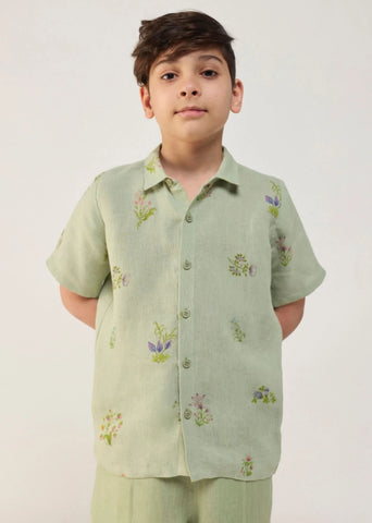 Kids Kabo Floral Linen Shirt- Mint