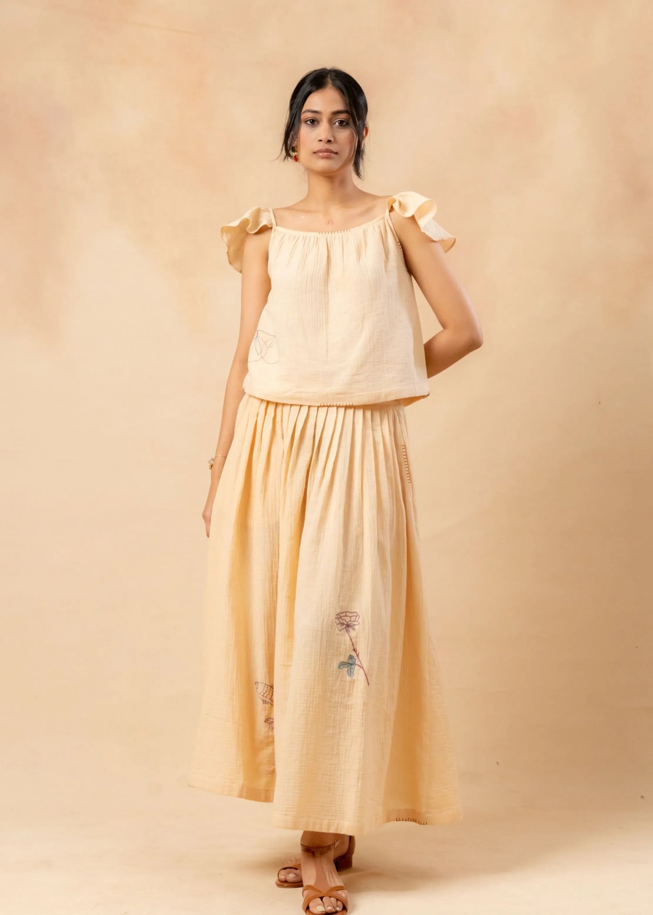 A Model Wearing Beige Organic Cotton Honey Drop Top, curated by Only Ethikal