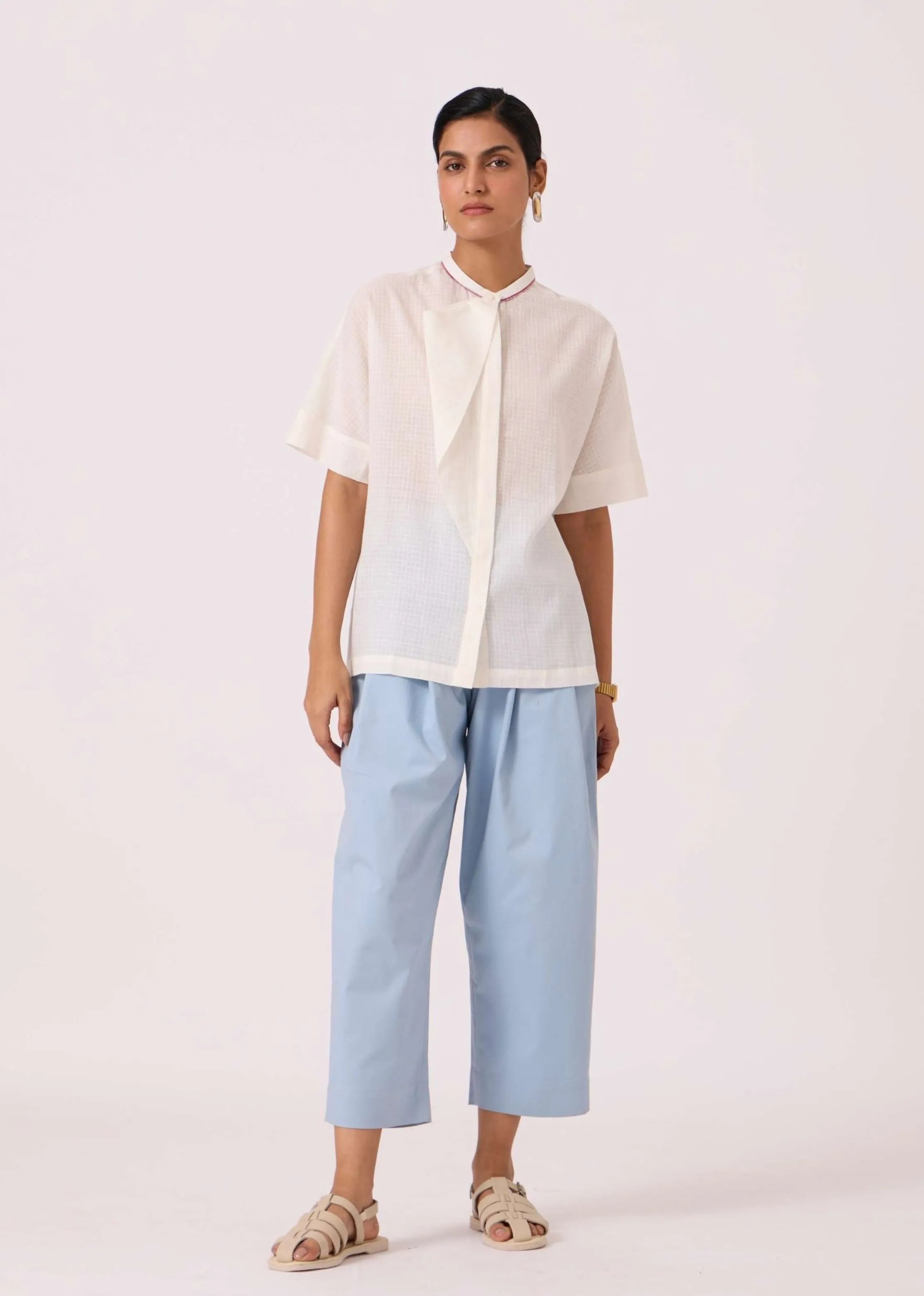 A Model Wearing Multicolor Handwoven Cotton Noah White Handwoven Top, curated by Only Ethikal
