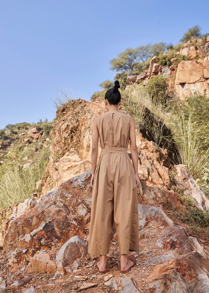 A Model Wearing Brown Pure Cotton In the WoodsJumpsuit,curated by Only Ethikal