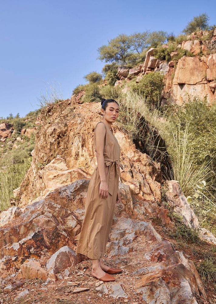 A Model Wearing Brown Pure Cotton In the WoodsJumpsuit,curated by Only Ethikal