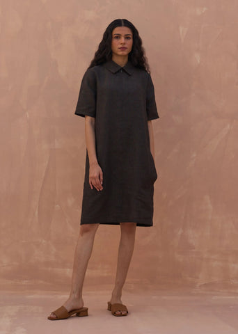 A Model Wearing Charcoal Linen Runa Linen Shift Dress- Charcoal, curated by Only Ethikal
