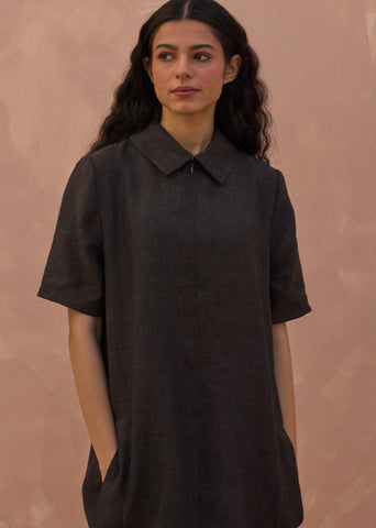 Runa Linen Shift Dress- Charcoal
