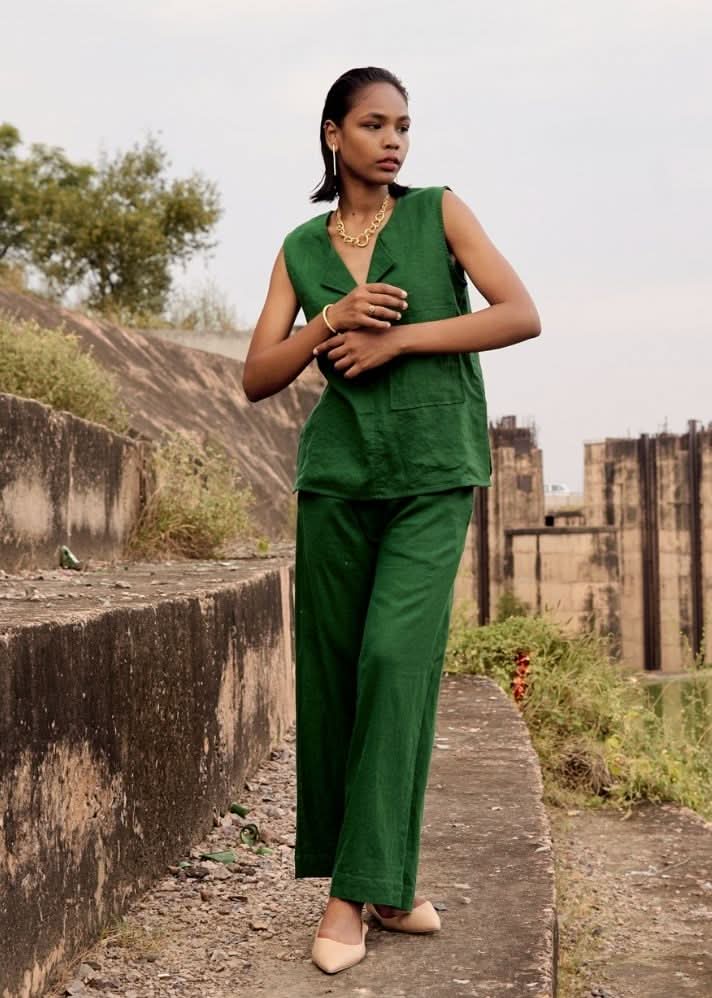 A Model Wearing Brown Pure Cotton Wood Rail Co-ord Set,curated by Only Ethikal