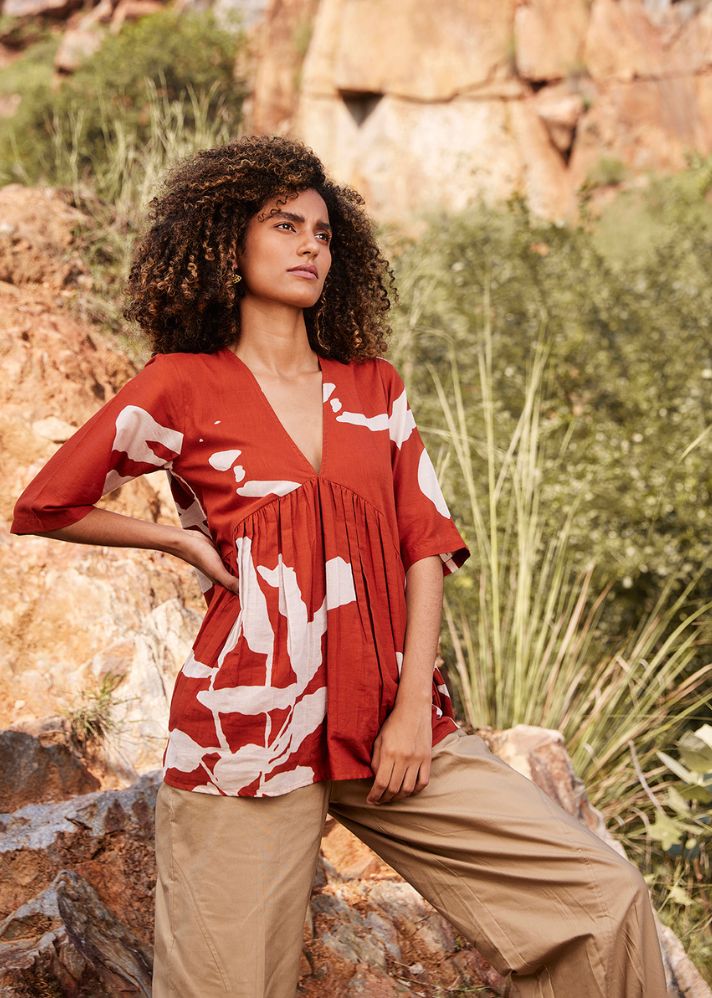 A Model Wearing Red Pure Cotton Bittersweet Top curated by Only Ethikal