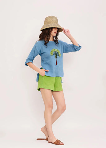 Coco Blue Embroidered Top & Green Shorts Set (2 Pcs)