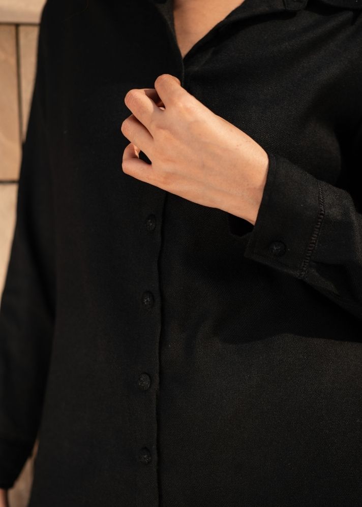 A Model Wearing Black Wool Black Mahoniacoord Set , curated by Only Ethikal