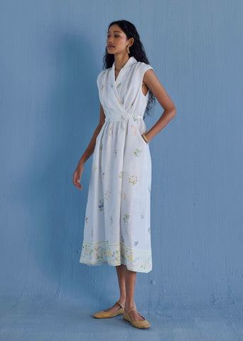 Mema Shawl Collar Printed Linen Dress - White