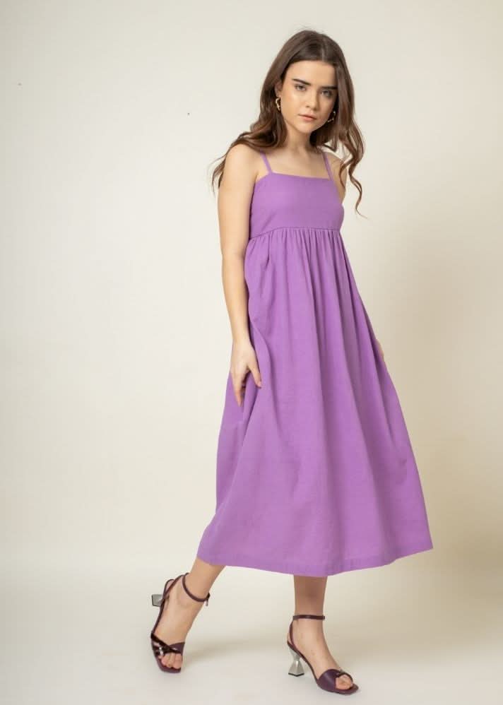 A Model Wearing Purple Organic Cotton Ella Purple Dress, curated by Only Ethikal