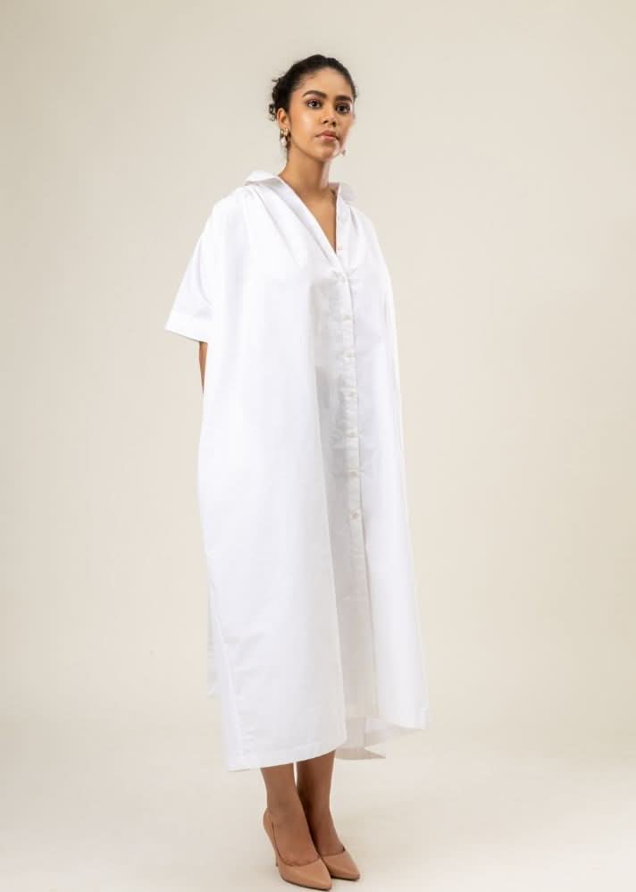 A Model Wearing White Upcycled Cotton Zora Dress, curated by Only Ethikal