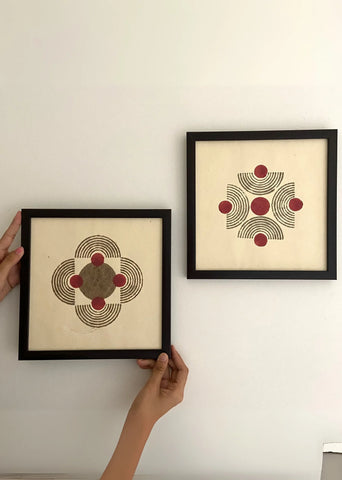 Red And Yellow- Handblock Printed Artwork On Handmade Paper- 10" X 10"- Set Of Two