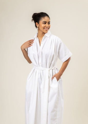 A Model Wearing White Upcycled Cotton Zora Dress, curated by Only Ethikal