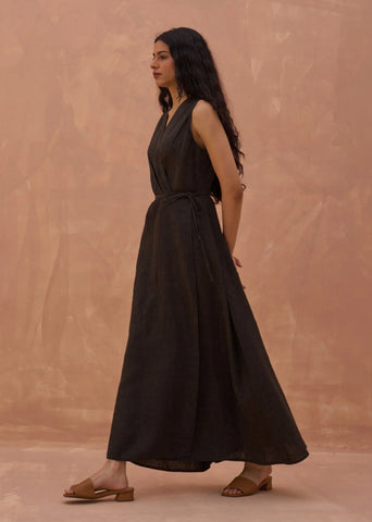 Maya Linen Wrap Dress- Charcoal