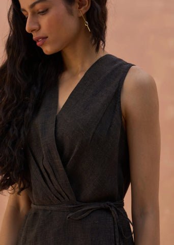 Maya Linen Wrap Dress- Charcoal