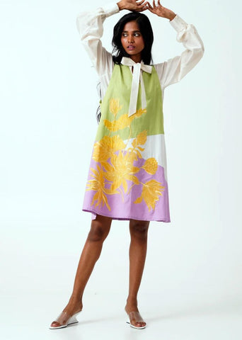 A Model Wearing Multicolor Handloom Cotton Melody Midi Dress, curated by Only Ethikal