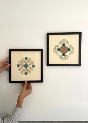 Blue And Yellow- Handblock Printed Artwork On Handmade Paper- 10" X 10"- Set Of Two