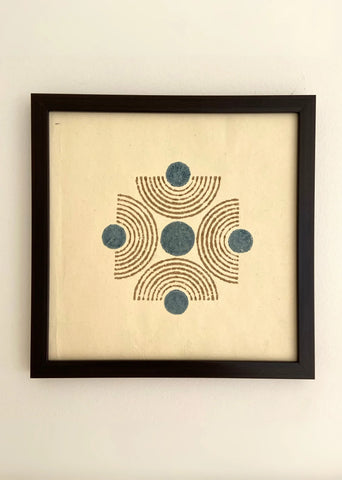 Blue And Yellow- Handblock Printed Artwork On Handmade Paper- 10" X 10"- Set Of Two
