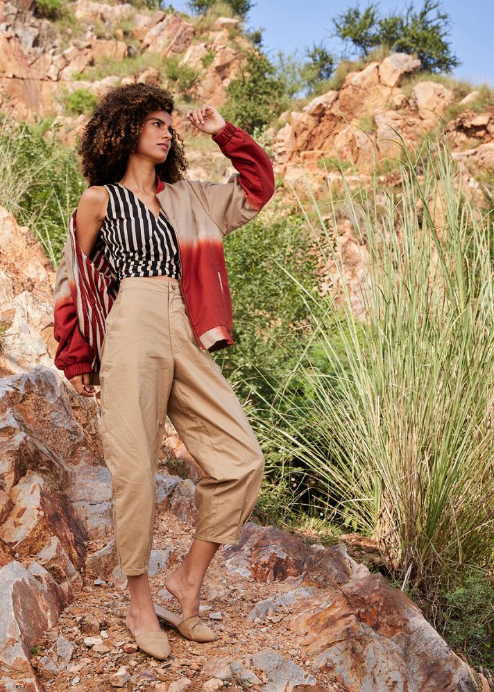 A Model Wearing Multicolor,Pure Cotton Clone Bomber Jacket curated by Only Ethikal