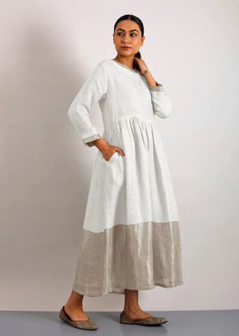 Estelle Metallic Linen Midi-Dress With Pockets - Ivory