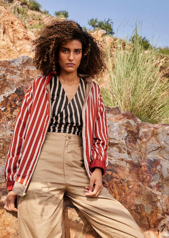 A Model Wearing Multicolor,Pure Cotton Clone Bomber Jacket curated by Only Ethikal
