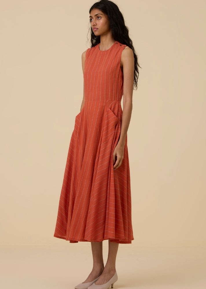A Model Wearing Orange Handwoven Cotton Valentino Orange Cotton Midi Dress , curated by Only Ethikal