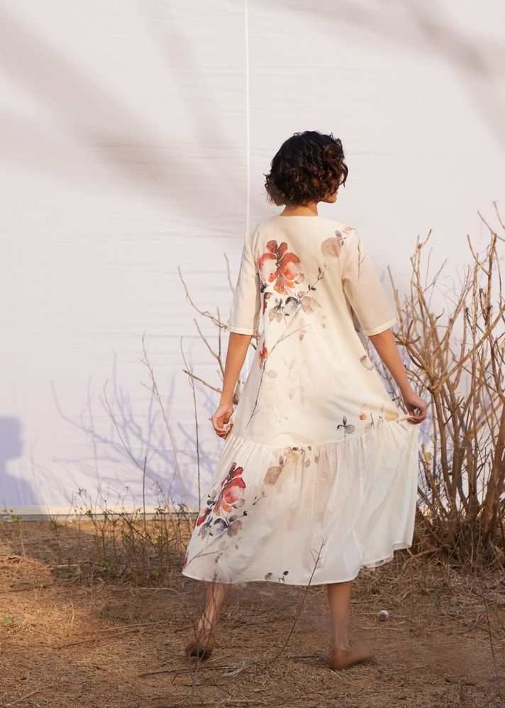 A Model Wearing White Cotton Mul Surfinia curated by Only Ethikal