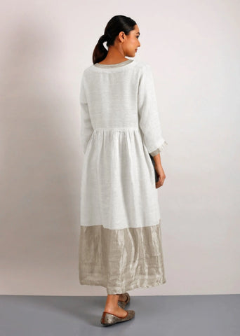 Estelle Metallic Linen Midi-Dress With Pockets - Ivory