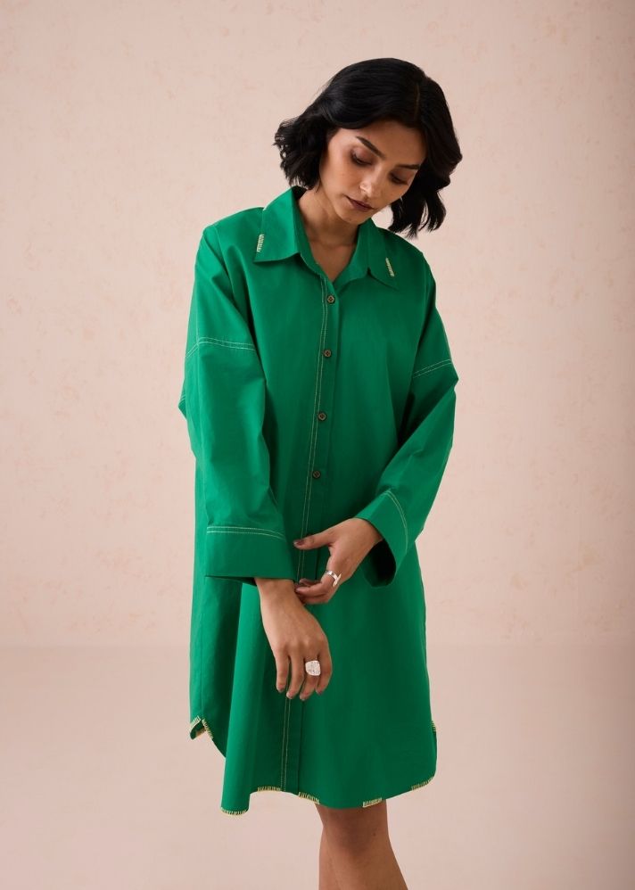 A Model Wearing Green Poplin The Forest Everyday Classic Organic Cotton Shirt Dress, curated by Only Ethikal