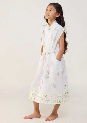Kids Mema Shawl Printed Collar Linen Dress- White