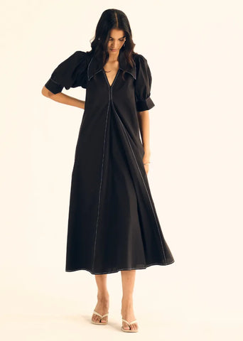 A Model Wearing Black Poplin Black Poplin Midi Dress, curated by Only Ethikal